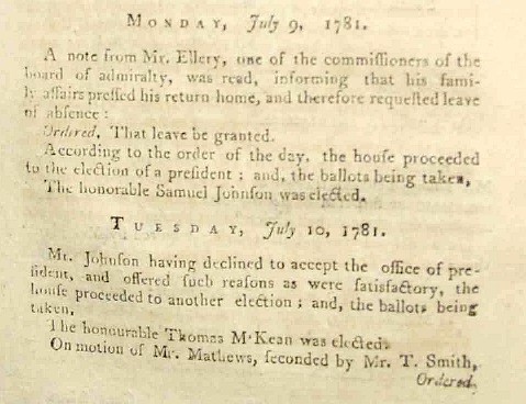 8th Century Journals of Congress and United States in Congress Assembled for 1781 recording Mr. Johnson's decline of the US Presidency 