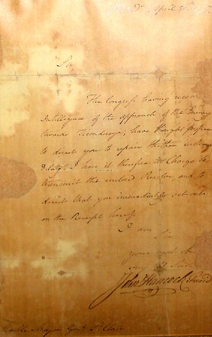 John Hancock Orders Arthur St Clair to save Fort Ticonderoga
