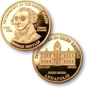 President Thomas Mifflin Proposed Presidential $1 Coin with U.S. Capitol  Maryland State House 