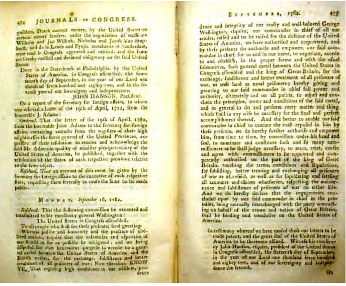 September 14, 1782 President John Hanson U.S. Military directive to George Washington, Journals of The United States in Congress Assembled, [xiv] Stan Klos Collection.