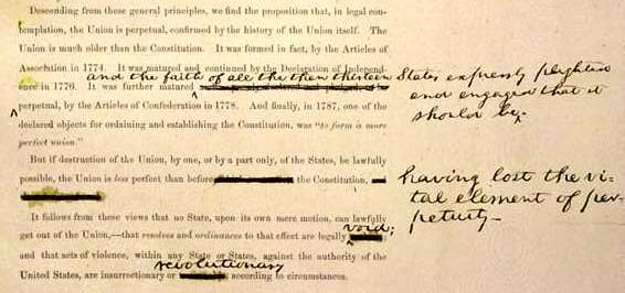 Above is an excerpt from Lincoln's Address with changes in his hand summarizing the birth, formation and the establishment of a more perfect Constitution of the Perpetual 