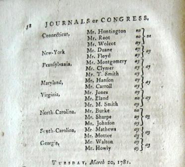 18th Century Journals of Congress and United States in Congress Assembled for 1781 showing no matter how many delegates a state had they had only one vote.